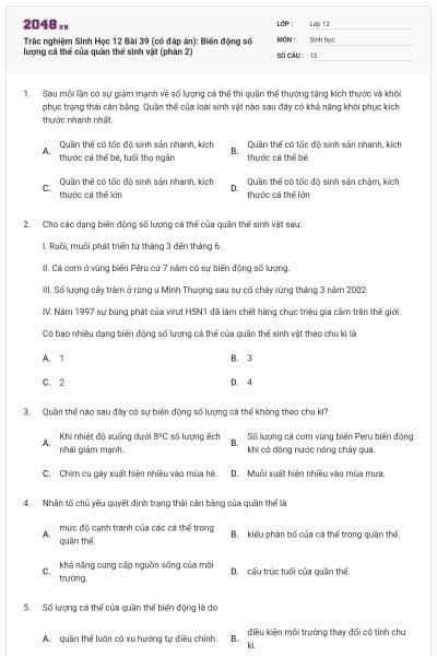 Trắc nghiệm Sinh Học 12 Bài 39 (có đáp án): Biến động số lượng cá thể của quần thể sinh vật (phần 2)