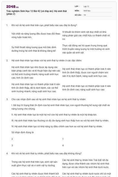 Trắc nghiệm Sinh Học 12 Bài 42 (có đáp án): Hệ sinh thái (phần 2)