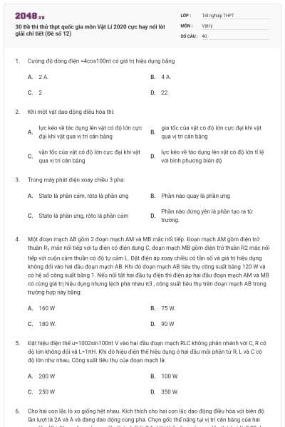 30 Đề thi thử thpt quốc gia môn Vật Lí 2020 cực hay nói lời giải chi tiết (Đề số 12)