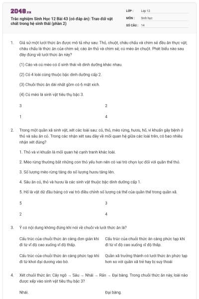 Trắc nghiệm Sinh Học 12 Bài 43 (có đáp án): Trao đổi vật chất trong hệ sinh thái (phần 2)