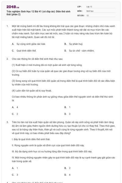 Trắc nghiệm Sinh Học 12 Bài 41 (có đáp án): Diễn thế sinh thái (phần 2)