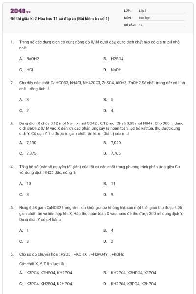 Đề thi giữa kì 2 Hóa học 11 có đáp án (Bài kiểm tra số 1)