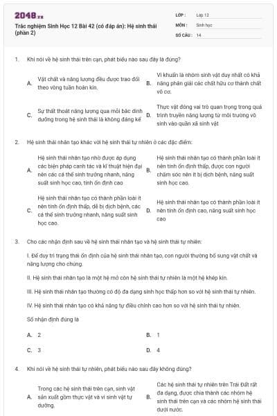 Trắc nghiệm Sinh Học 12 Bài 42 (có đáp án): Hệ sinh thái (phần 2)