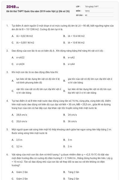 Đề thi thử THPT Quốc Gia năm 2019 môn Vật Lý (Đề số 26)