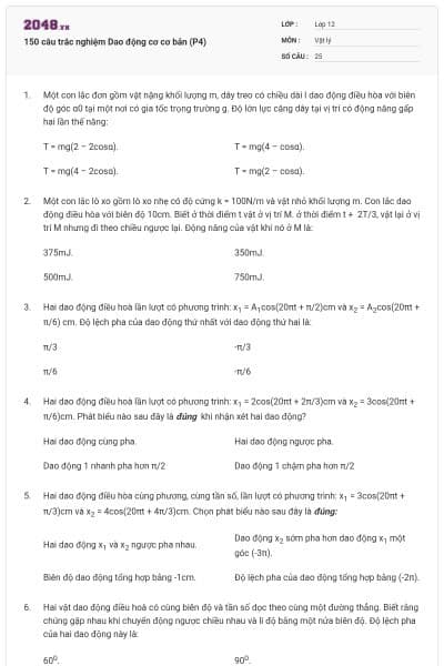 150 câu trắc nghiệm Dao động cơ cơ bản (P4)