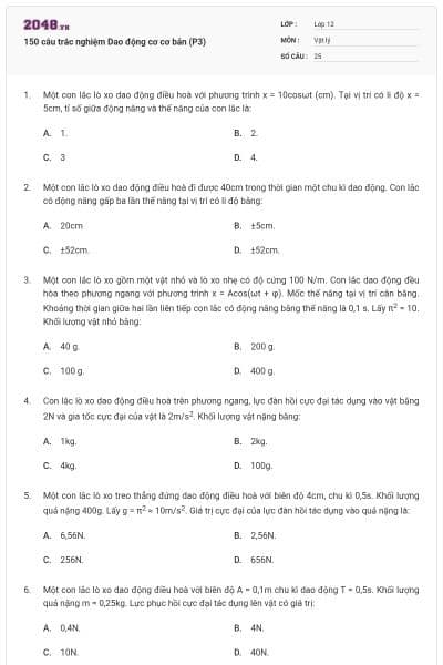 150 câu trắc nghiệm Dao động cơ cơ bản (P3)