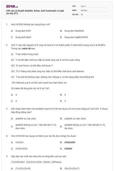 230 câu Lý thuyết Andehit, Xeton, Axit Cacboxylic có giải chi tiết (P1)