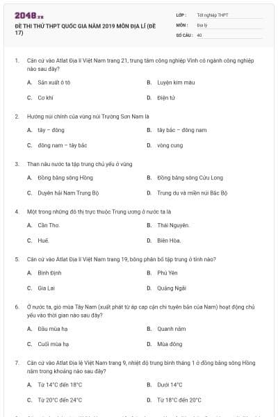 ĐỀ THI THỬ THPT QUỐC GIA NĂM 2019 MÔN ĐỊA LÍ (ĐỀ 17)
