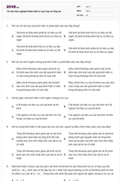 18 câu trắc nghiệm Kính hiển vi cực hay có đáp án