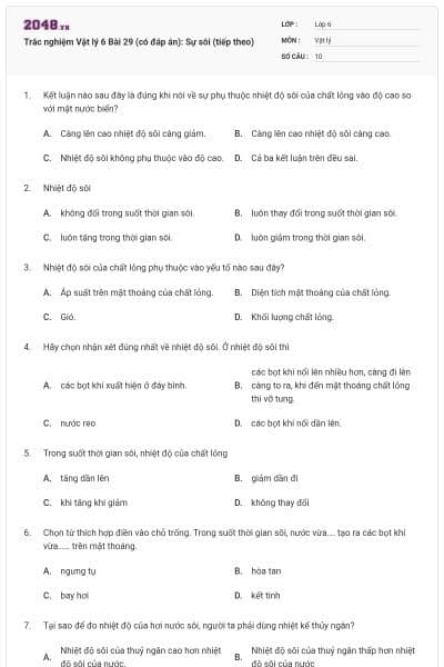 Trắc nghiệm Vật lý 6 Bài 29 (có đáp án): Sự sôi (tiếp theo)