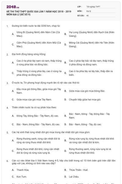 ĐỀ THI THỬ THPT QUỐC GIA LẦN 1 NĂM HỌC 2018 - 2019 MÔN ĐỊA LÍ (ĐẾ SỐ 9)