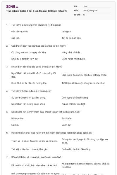Trắc nghiệm GDCD 6 Bài 3 (có đáp án): Tiết kiệm (phần 2)