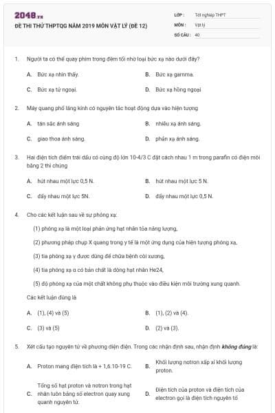 ĐỀ THI THỬ THPTQG NĂM 2019 MÔN VẬT LÝ (ĐỀ 12)