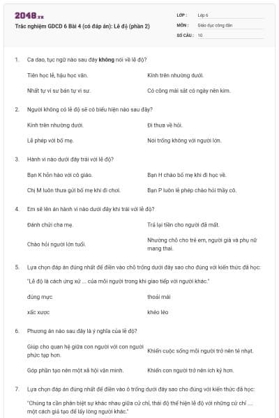 Trắc nghiệm GDCD 6 Bài 4 (có đáp án): Lễ độ (phần 2)