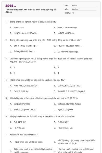 16 câu trắc nghiệm Axit nitric và muối nitrat cực hay có đáp án