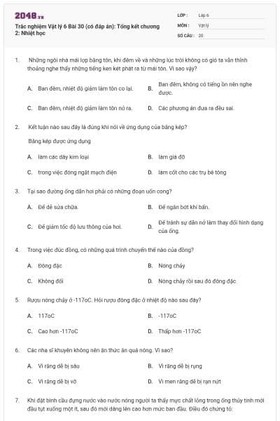 Trắc nghiệm Vật lý 6 Bài 30 (có đáp án): Tổng kết chương 2: Nhiệt học