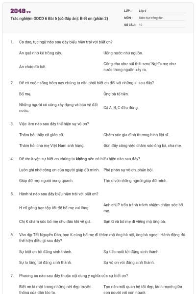Trắc nghiệm GDCD 6 Bài 6 (có đáp án): Biết ơn (phần 2)