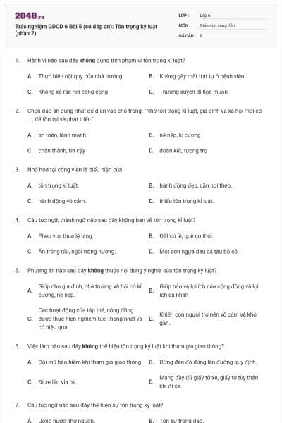 Trắc nghiệm GDCD 6 Bài 5 (có đáp án): Tôn trọng kỷ luật (phần 2)