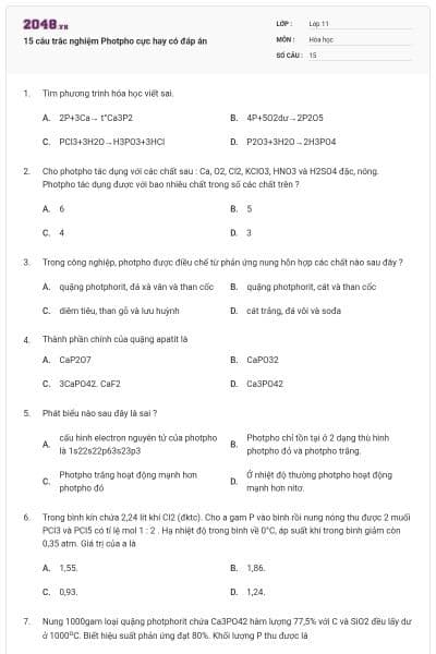 15 câu trắc nghiệm Photpho cực hay có đáp án