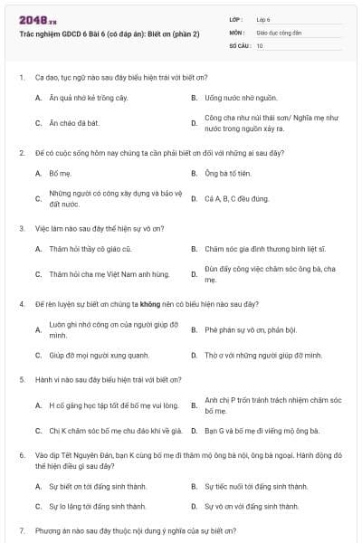 Trắc nghiệm GDCD 6 Bài 6 (có đáp án): Biết ơn (phần 2)