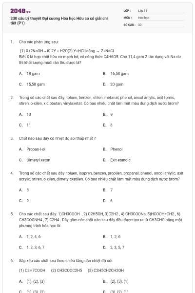 230 câu Lý thuyết Đại cương Hóa học Hữu cơ có giải chi tiết (P1)