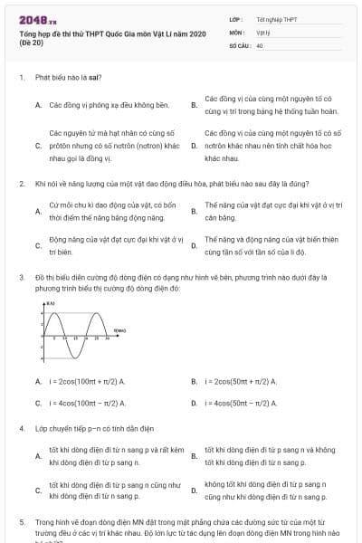 Tổng hợp đề thi thử THPT Quốc Gia môn Vật Lí năm 2020 (Đề 20)