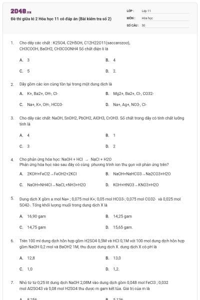Đề thi giữa kì 2 Hóa học 11 có đáp án (Bài kiểm tra số 2)