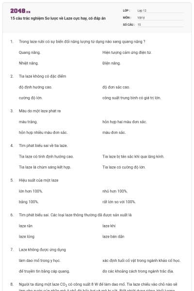 15 câu trắc nghiệm Sơ lược về Laze cực hay, có đáp án