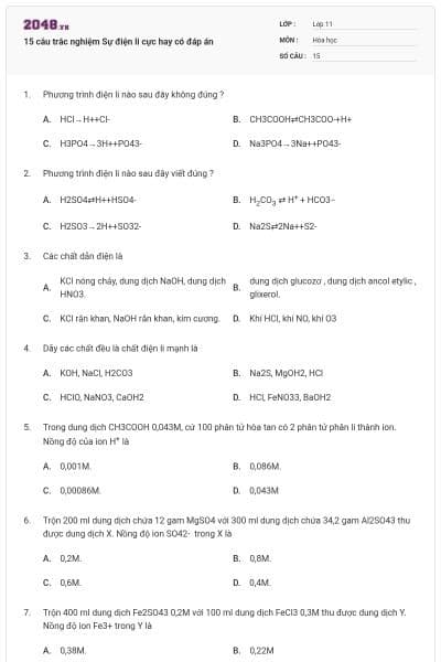15 câu trắc nghiệm Sự điện li cực hay có đáp án