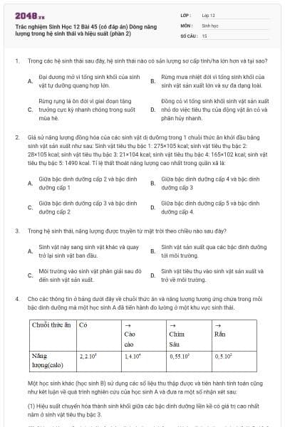 Trắc nghiệm Sinh Học 12 Bài 45 (có đáp án) Dòng năng lượng trong hệ sinh thái và hiệu suất (phần 2)