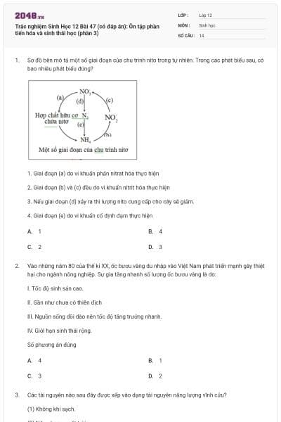 Trắc nghiệm Sinh Học 12 Bài 47 (có đáp án): Ôn tập phần tiến hóa và sinh thái học (phần 3)