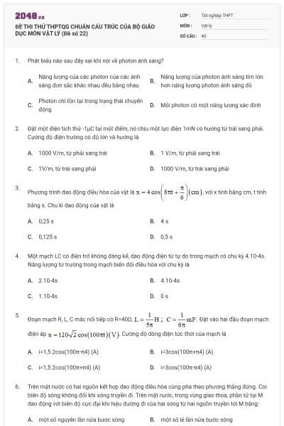 ĐỀ THI THỬ THPTQG CHUẨN CẤU TRÚC CỦA BỘ GIÁO DỤC MÔN VẬT LÝ (Đề số 22)