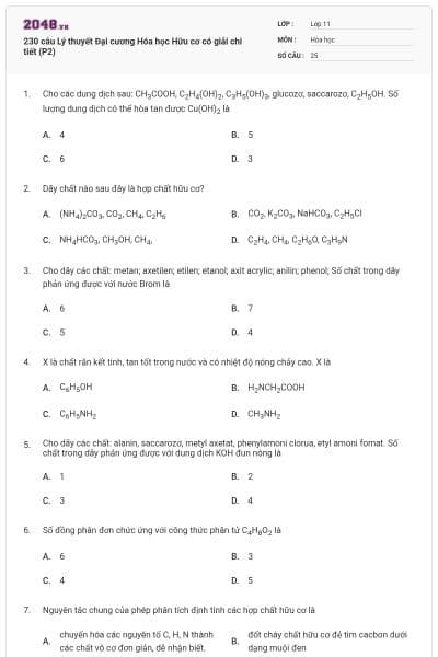 230 câu Lý thuyết Đại cương Hóa học Hữu cơ có giải chi tiết (P2)