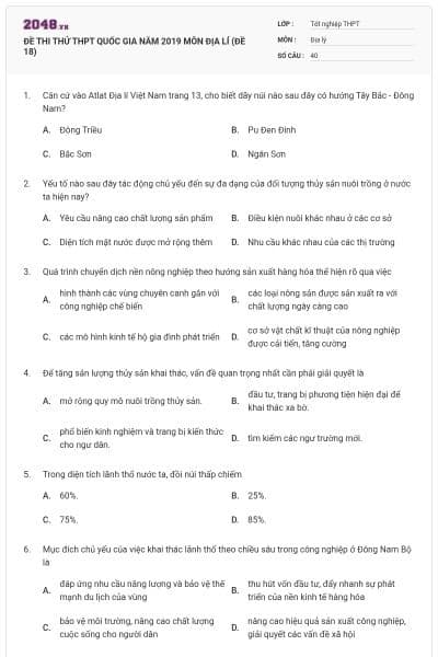 ĐỀ THI THỬ THPT QUỐC GIA NĂM 2019 MÔN ĐỊA LÍ (ĐỀ 18)