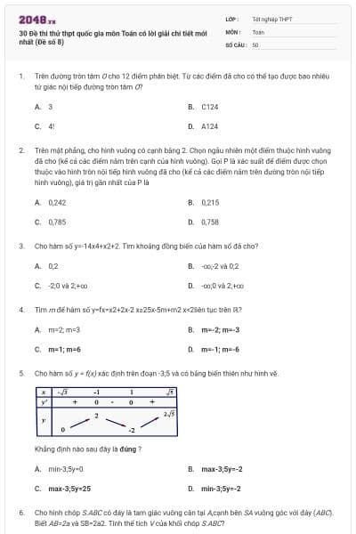 30 Đề thi thử thpt quốc gia môn Toán có lời giải chi tiết mới nhất (Đề số 8)
