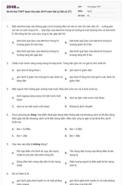 Đề thi thử THPT Quốc Gia năm 2019 môn Vật Lý (Đề số 27)
