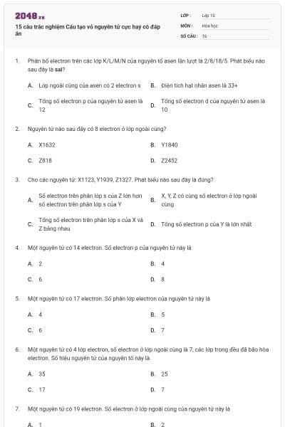15 câu trắc nghiệm Cấu tạo vỏ nguyên tử cực hay có đáp án