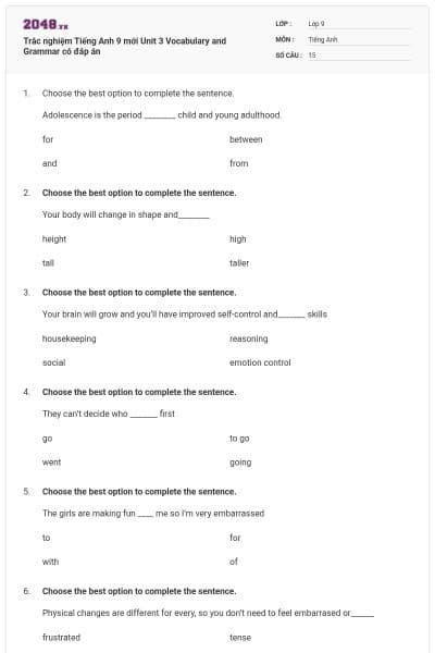 Trắc nghiệm Tiếng Anh 9 mới Unit 3 Vocabulary and Grammar có đáp án