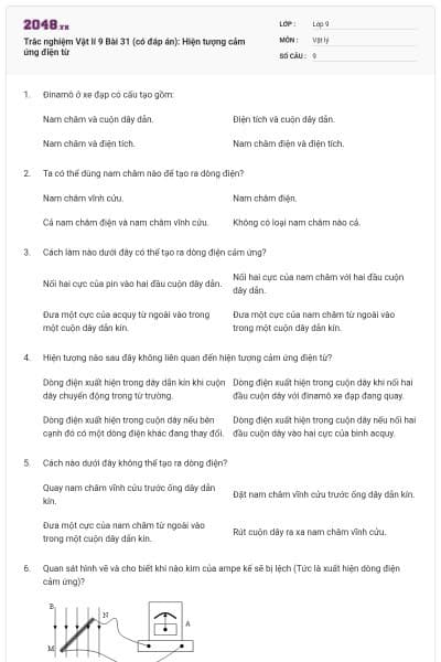 Trắc nghiệm Vật lí 9 Bài 31 (có đáp án): Hiện tượng cảm ứng điện từ