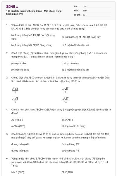 100 câu trắc nghiệm Đường thẳng - Mặt phẳng trong không gian (P4)