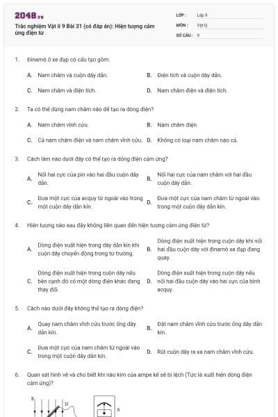 Trắc nghiệm Vật lí 9 Bài 31 (có đáp án): Hiện tượng cảm ứng điện từ