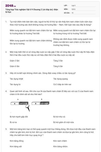 Tổng hợp Trắc nghiệm Vật lí 9 Chương 2 (có đáp án): Điện từ học