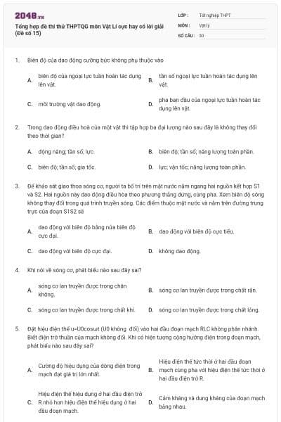 Tổng hợp đề thi thử THPTQG môn Vật Lí cực hay có lời giải (Đề số 15)