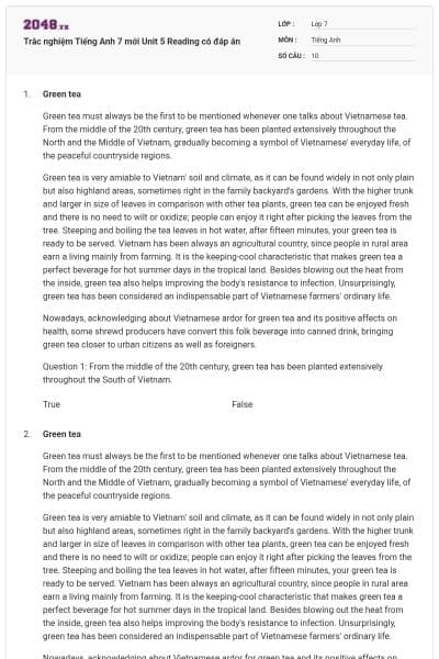 Trắc nghiệm Tiếng Anh 7 mới Unit 5 Reading có đáp án