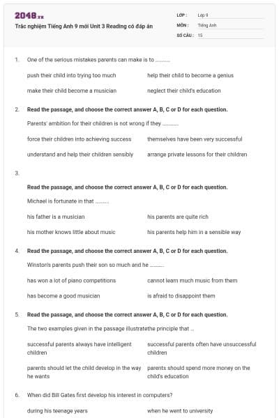 Trắc nghiệm Tiếng Anh 9 mới Unit 3 Reading có đáp án