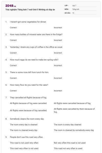 Trắc nghiệm Tiếng Anh 7 mới Unit 5 Writing có đáp án