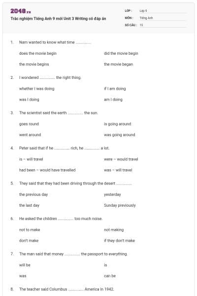 Trắc nghiệm Tiếng Anh 9 mới Unit 3 Writing có đáp án