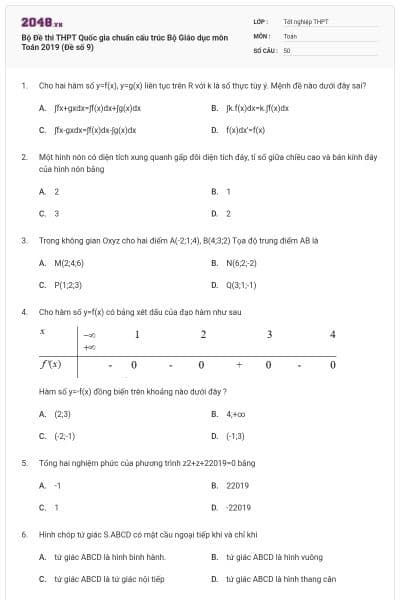 Bộ Đề thi THPT Quốc gia chuẩn cấu trúc Bộ Giáo dục môn Toán 2019 (Đề số 9)