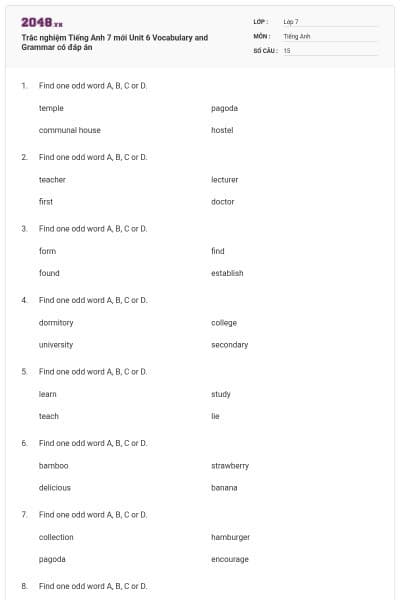 Trắc nghiệm Tiếng Anh 7 mới Unit 6 Vocabulary and Grammar có đáp án