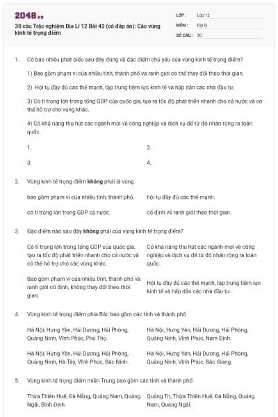 30 câu Trắc nghiệm Địa Lí 12 Bài 43 (có đáp án): Các vùng kinh tế trọng điểm